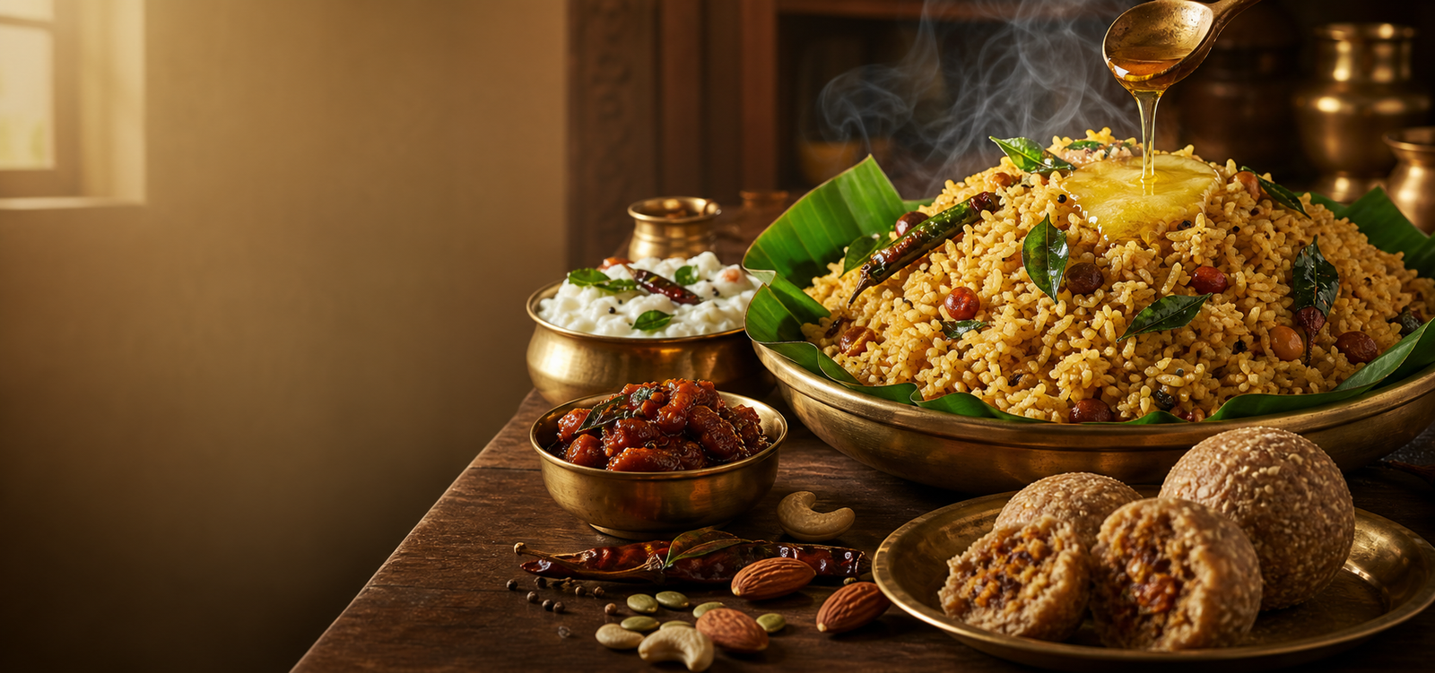 A Karnataka meal with ghee, rice and traditional accompaniments